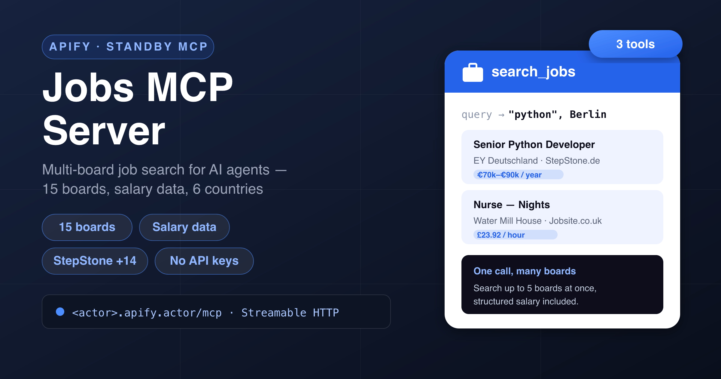 Jobs MCP Server — a hosted Model Context Protocol server with search_jobs, get_job and list_job_boards tools across 15 job boards