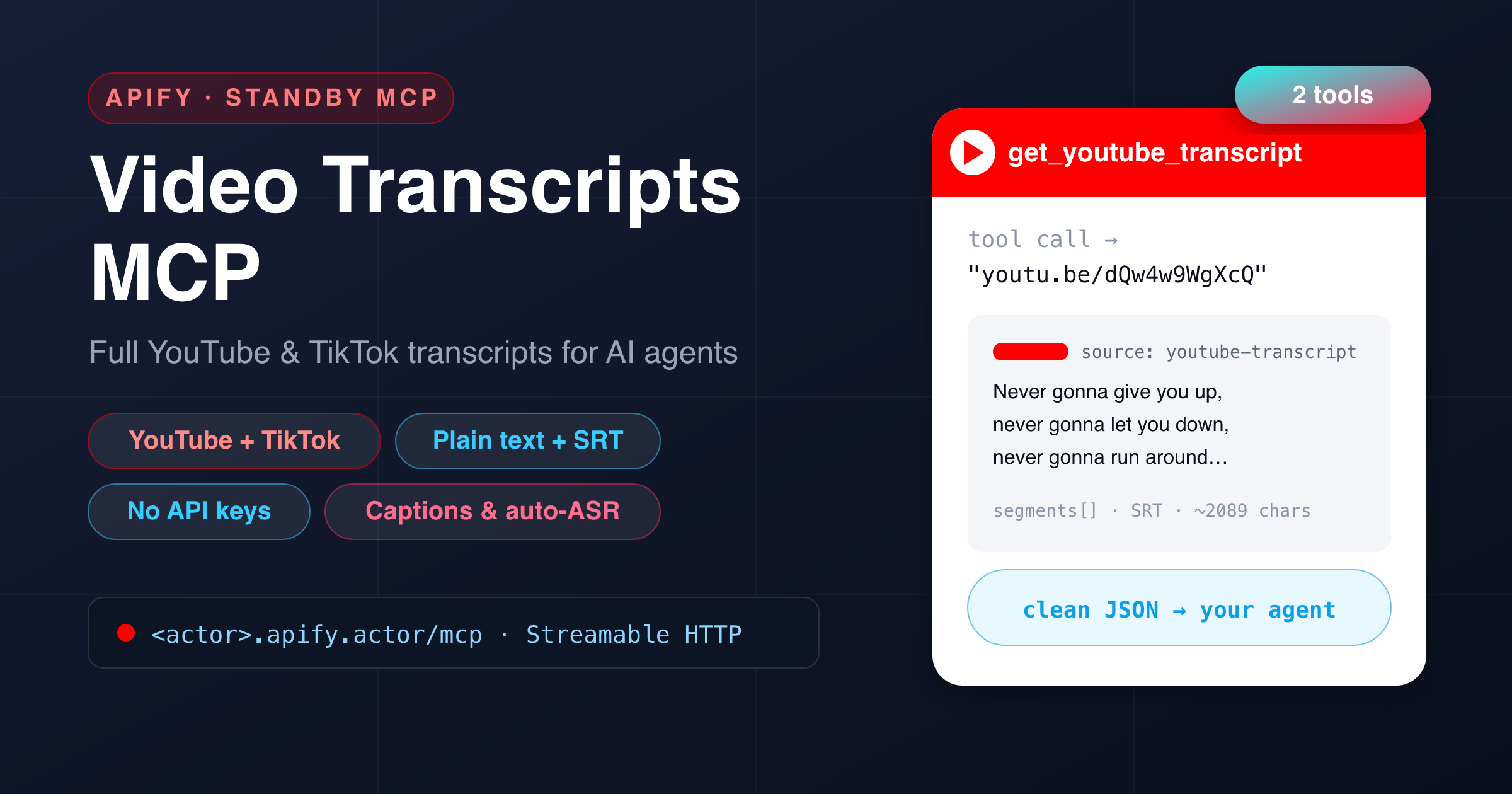 Video Transcripts MCP Server — a hosted Model Context Protocol server with get_youtube_transcript and get_tiktok_transcript tools