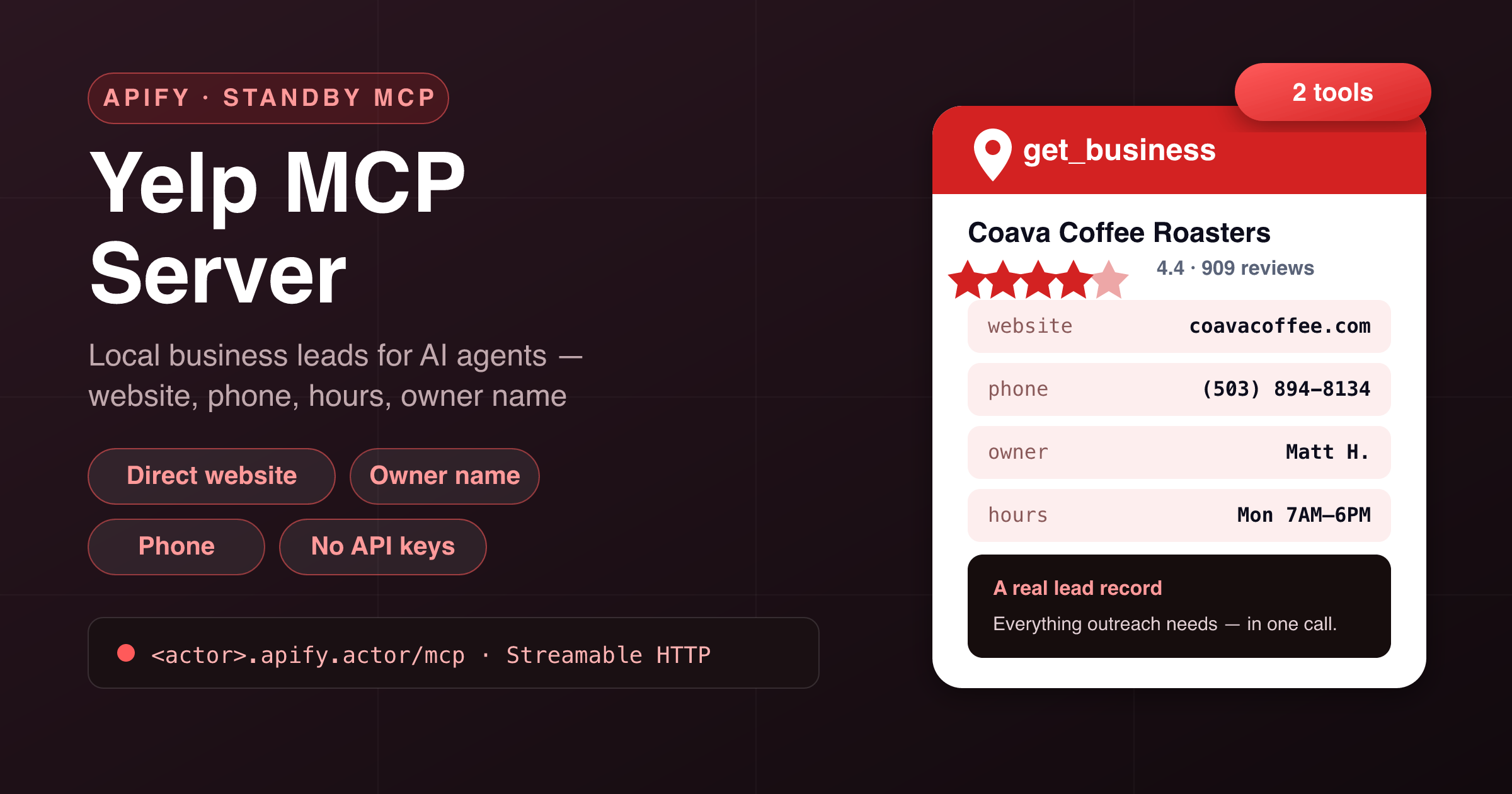 Yelp MCP Server — a hosted Model Context Protocol server with search_businesses and get_business tools for local business lead generation